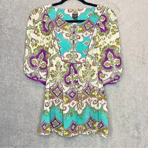 NICOLE Millar 6 Small Top Shirt Green Paisley Short Sleeve Round Neck Keyhole